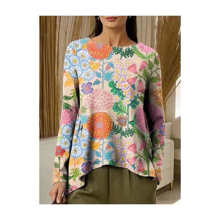 Women Geometric Long Sleeve Tee T-shirt Crew Neck Printing Vintage Spring/Fall Top