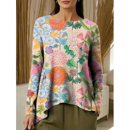 Women Geometric Long Sleeve Tee T-shirt Crew Neck Printing Vintage Spring/Fall Top