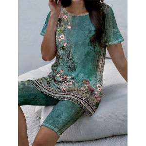 Women Floral Printing Two-Piece Set Daily Short Sleeve Casual Summer Top With Pants Matching Set
