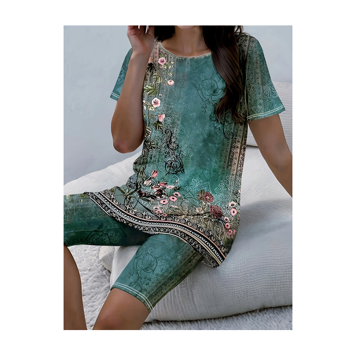 Women Floral Printing Two-Piece Set Daily Short Sleeve Casual Summer Top With Pants Matching Set