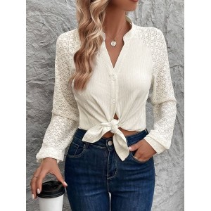 Women Plain V Neck Long Sleeve Shirt Jacquard Casual Daily Spring/Fall Top