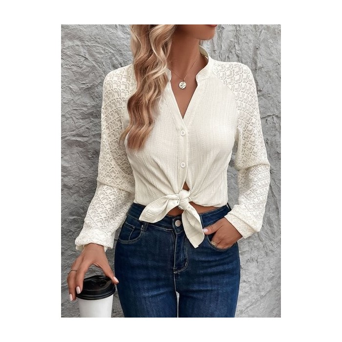 Women Plain V Neck Long Sleeve Shirt Jacquard Casual Daily Spring/Fall Top