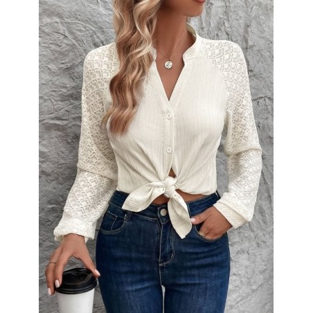 Women Plain V Neck Long Sleeve Shirt Jacquard Casual Daily Spring/Fall Top