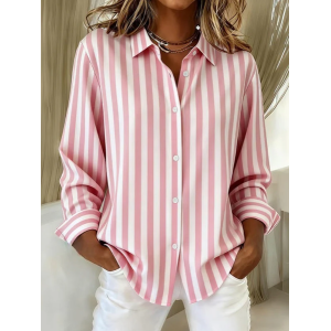 Women Striped Shirt Collar Long Sleeve Shirt Buckle Regular Sleeve Casual Daily Spring/Fall Top