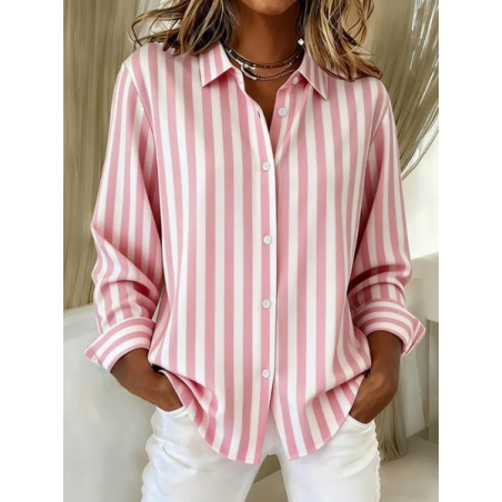Women Striped Shirt Collar Long Sleeve Shirt Buckle Regular Sleeve Casual Daily Spring/Fall Top