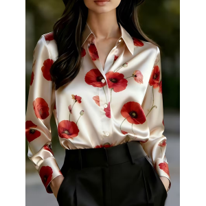 Women Floral Shawl Collar Long Sleeve Shirt Casual Daily Spring/Fall Top