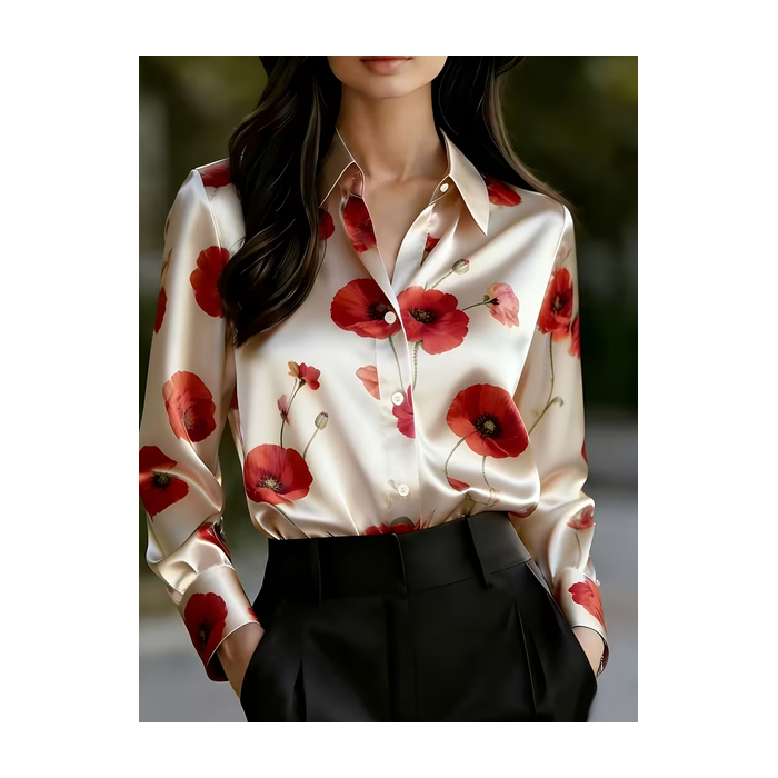 Women Floral Shawl Collar Long Sleeve Shirt Casual Daily Spring/Fall Top