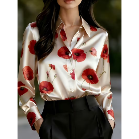 Women Floral Shawl Collar Long Sleeve Shirt Casual Daily Spring/Fall Top