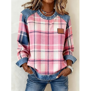 Women Plaid Crew Neck Printing Vintage Spring/Fall Long Sleeve Sweatshirt