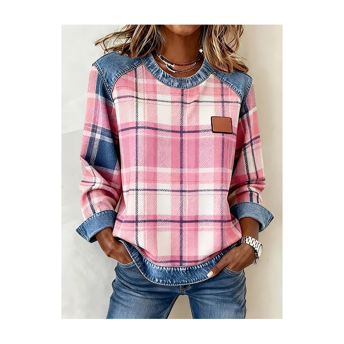Women Plaid Crew Neck Printing Vintage Spring/Fall Long Sleeve Sweatshirt