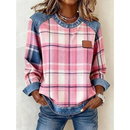 Women Plaid Crew Neck Printing Vintage Spring/Fall Long Sleeve Sweatshirt