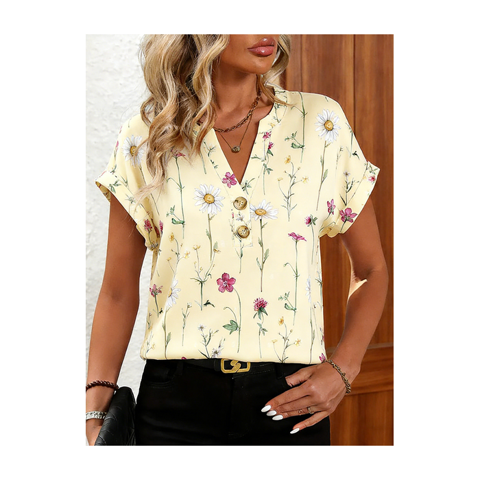 Women Floral Short Sleeve Tee T-shirt V Neck Elegant Summer Top