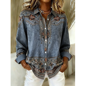 Women Floral Shirt Collar Long Sleeve Shirt Buckle Regular Sleeve Casual Daily Spring/Fall Top