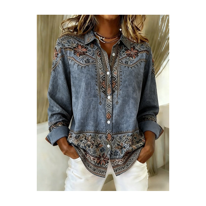 Women Floral Shirt Collar Long Sleeve Shirt Buckle Regular Sleeve Casual Daily Spring/Fall Top