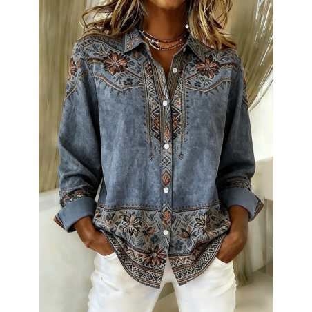 Women Floral Shirt Collar Long Sleeve Shirt Buckle Regular Sleeve Casual Daily Spring/Fall Top