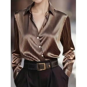 Women Striped Shawl Collar Long Sleeve Shirt Casual Daily Spring/Fall Top