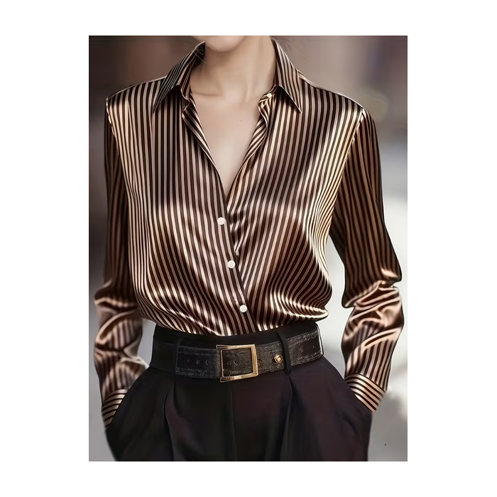 Women Striped Shawl Collar Long Sleeve Shirt Casual Daily Spring/Fall Top