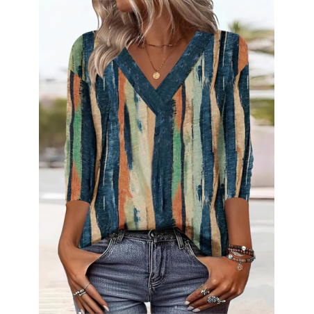 Women Striped Long Sleeve Tee T-shirt V Neck Casual Spring/Fall Top