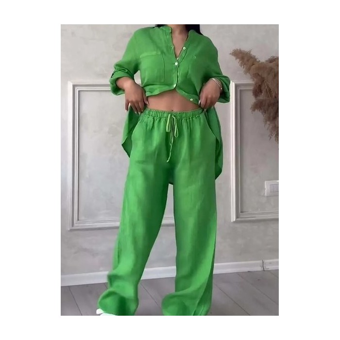 Women Plain Split Joint Two-Piece Set Daily Long Sleeve Casual Spring/Fall Top With Pants Matching Set