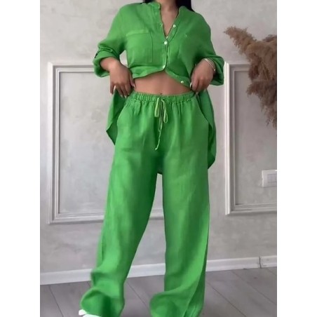 Women Plain Split Joint Two-Piece Set Daily Long Sleeve Casual Spring/Fall Top With Pants Matching Set