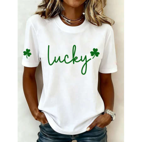 Women Shamrock Short Sleeve Tee T-shirt Crew Neck Printing Casual Graphic Tee Summer Top