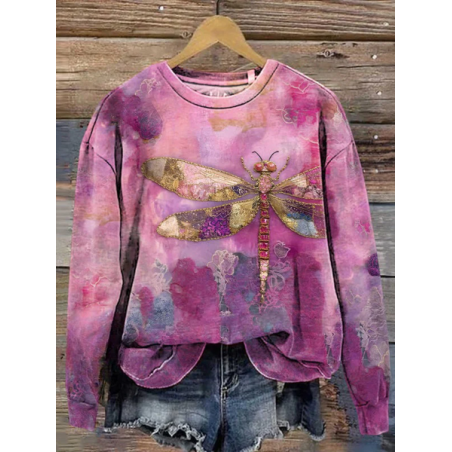 Women Dragonfly Crew Neck Printing Casual Spring/Fall Long Sleeve Sweatshirt