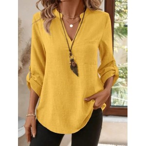 Women Plain V Neck Three Quarter Sleeve Shirt Split Joint Casual Daily Spring/Fall Top