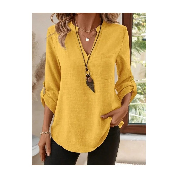 Women Plain V Neck Three Quarter Sleeve Shirt Split Joint Casual Daily Spring/Fall Top
