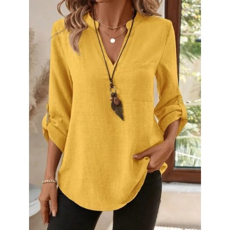 Women Plain V Neck Three Quarter Sleeve Shirt Split Joint Casual Daily Spring/Fall Top