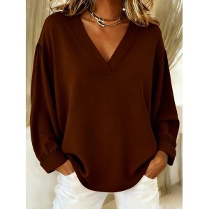 Women Plain V Neck Long Sleeve Shirt Split Joint Casual Daily Spring/Fall Top