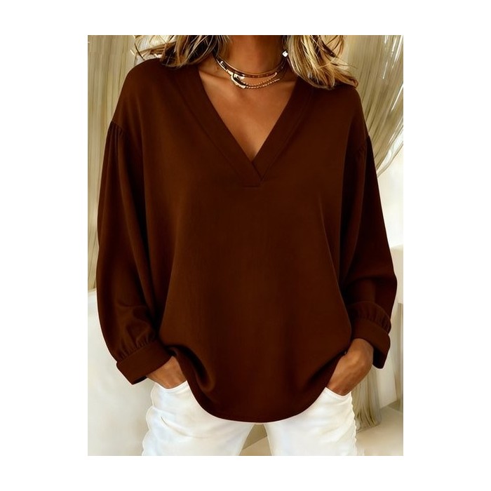 Women Plain V Neck Long Sleeve Shirt Split Joint Casual Daily Spring/Fall Top