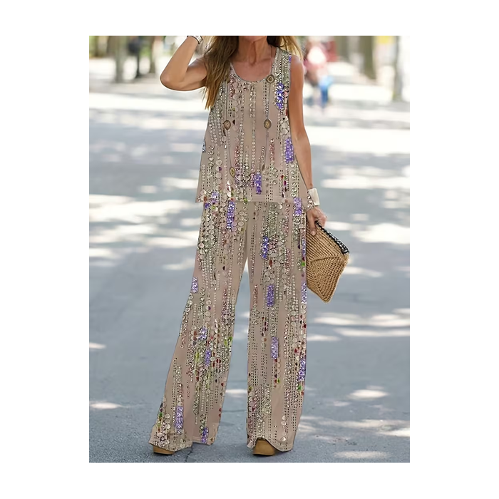 Women Abstract Printing Two-Piece Set Daily Sleeveless Casual Summer Multi-Piece Set Matching Set