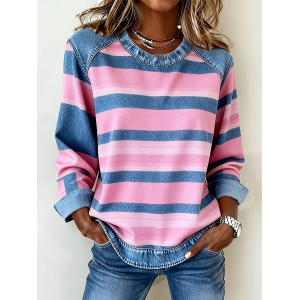 Women Abstract Stripes Crew Neck Printing Vintage Spring/Fall Long Sleeve Sweatshirt