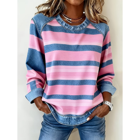 Women Abstract Stripes Crew Neck Printing Vintage Spring/Fall Long Sleeve Sweatshirt