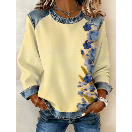 Women Floral Crew Neck Printing Vintage Spring/Fall Long Sleeve Sweatshirt