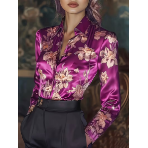 Women Floral Shawl Collar Long Sleeve Shirt Casual Daily Spring/Fall Top