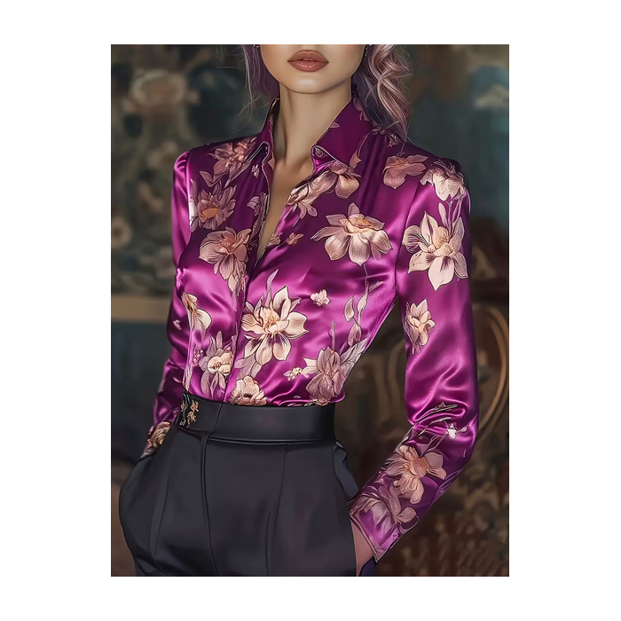 Women Floral Shawl Collar Long Sleeve Shirt Casual Daily Spring/Fall Top