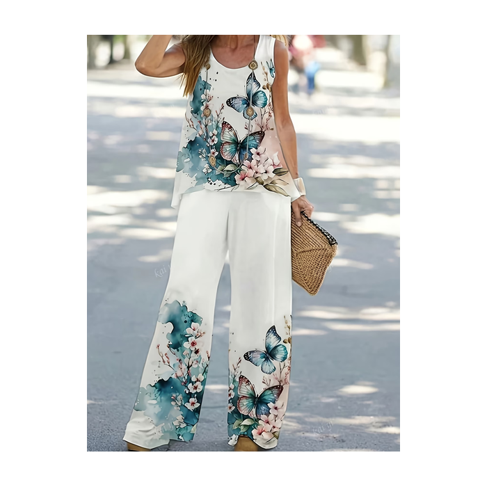 Women Floral Printing Two-Piece Set Daily Sleeveless Casual Summer Multi-Piece Set Matching Set