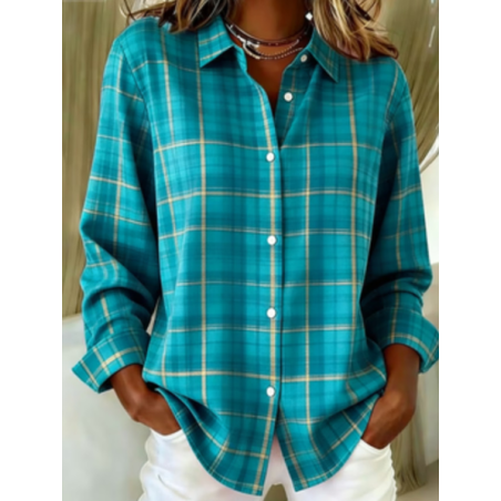 Women Plaid Shirt Collar Long Sleeve Shirt Buckle Regular Sleeve Casual Daily Spring/Fall Top