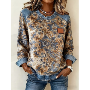 Women Abstract Crew Neck Printing Vintage Spring/Fall Long Sleeve Sweatshirt