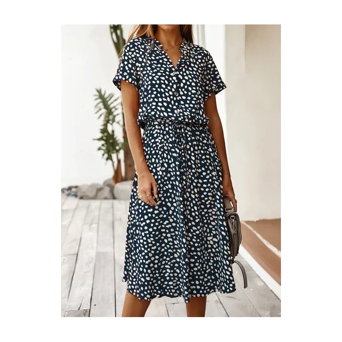 Women Polka Dots Short Sleeve V Neck Printing Dress Daily Vintage Maxi T-Shirt Dress A-Line Summer Dress