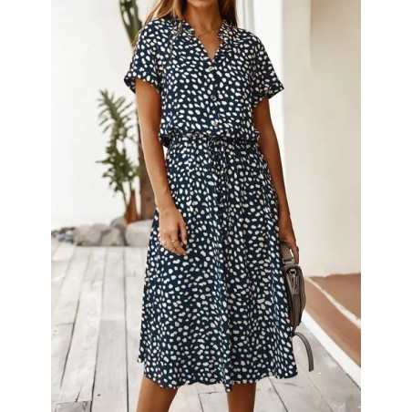 Women Polka Dots Short Sleeve V Neck Printing Dress Daily Vintage Maxi T-Shirt Dress A-Line Summer Dress