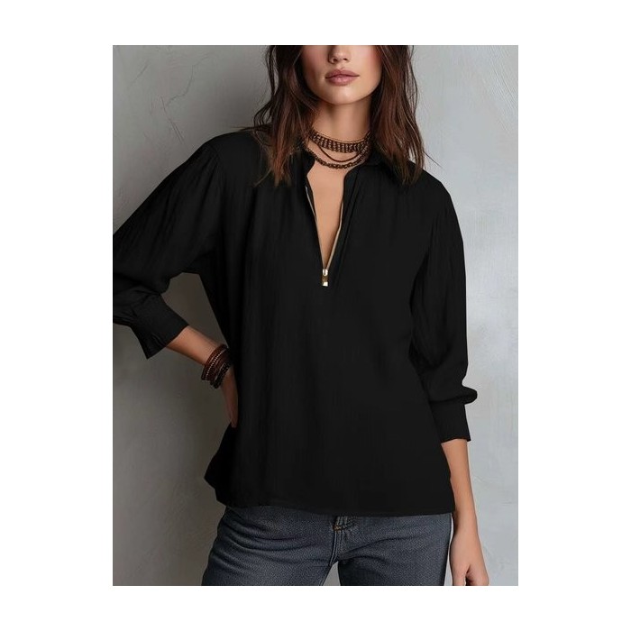 Women Plain Shawl Collar Three Quarter Sleeve Shirt Gathered Casual Daily Spring/Fall Top
