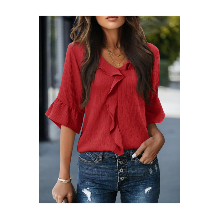 Women Plain Half Sleeve Tee T-shirt V Neck Split Joint Casual Summer Top