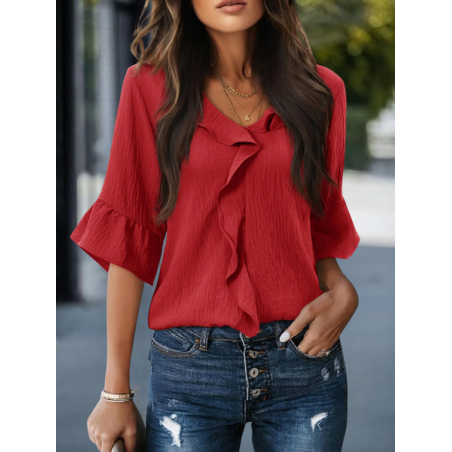 Women Plain Half Sleeve Tee T-shirt V Neck Split Joint Casual Summer Top