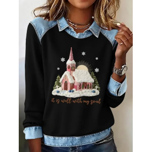 Women Christmas Shawl Collar Vintage Spring/Fall Long Sleeve Sweatshirt