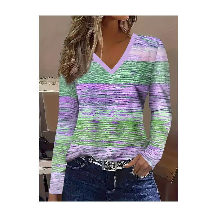 Women Abstract Long Sleeve Tee T-shirt V Neck Printing Casual Spring/Fall Graphic Tee Top