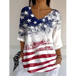 Women America Flag Three Quarter Sleeve Tee T-shirt V Neck Printing Casual Graphic Tee Spring/Fall Top