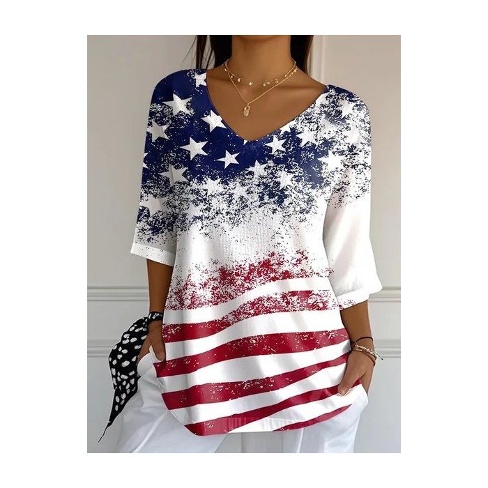 Women America Flag Three Quarter Sleeve Tee T-shirt V Neck Printing Casual Graphic Tee Spring/Fall Top