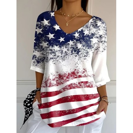 Women America Flag Three Quarter Sleeve Tee T-shirt V Neck Printing Casual Graphic Tee Spring/Fall Top